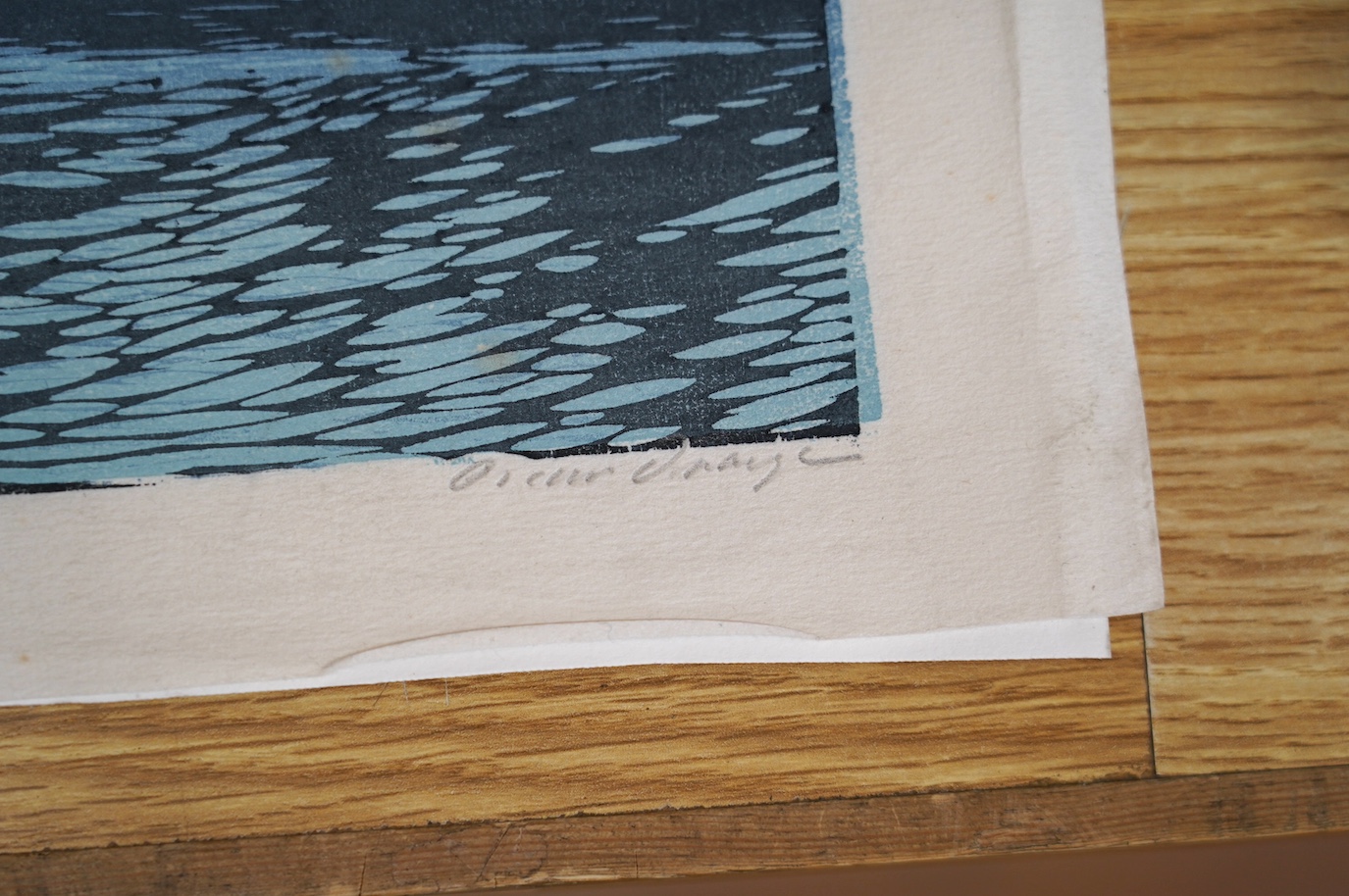 Oscar Droege (1898-1983), colour woodcut, 'The Harbour', signed in pencil, 16/75, 24 x 40cm. Condition - good